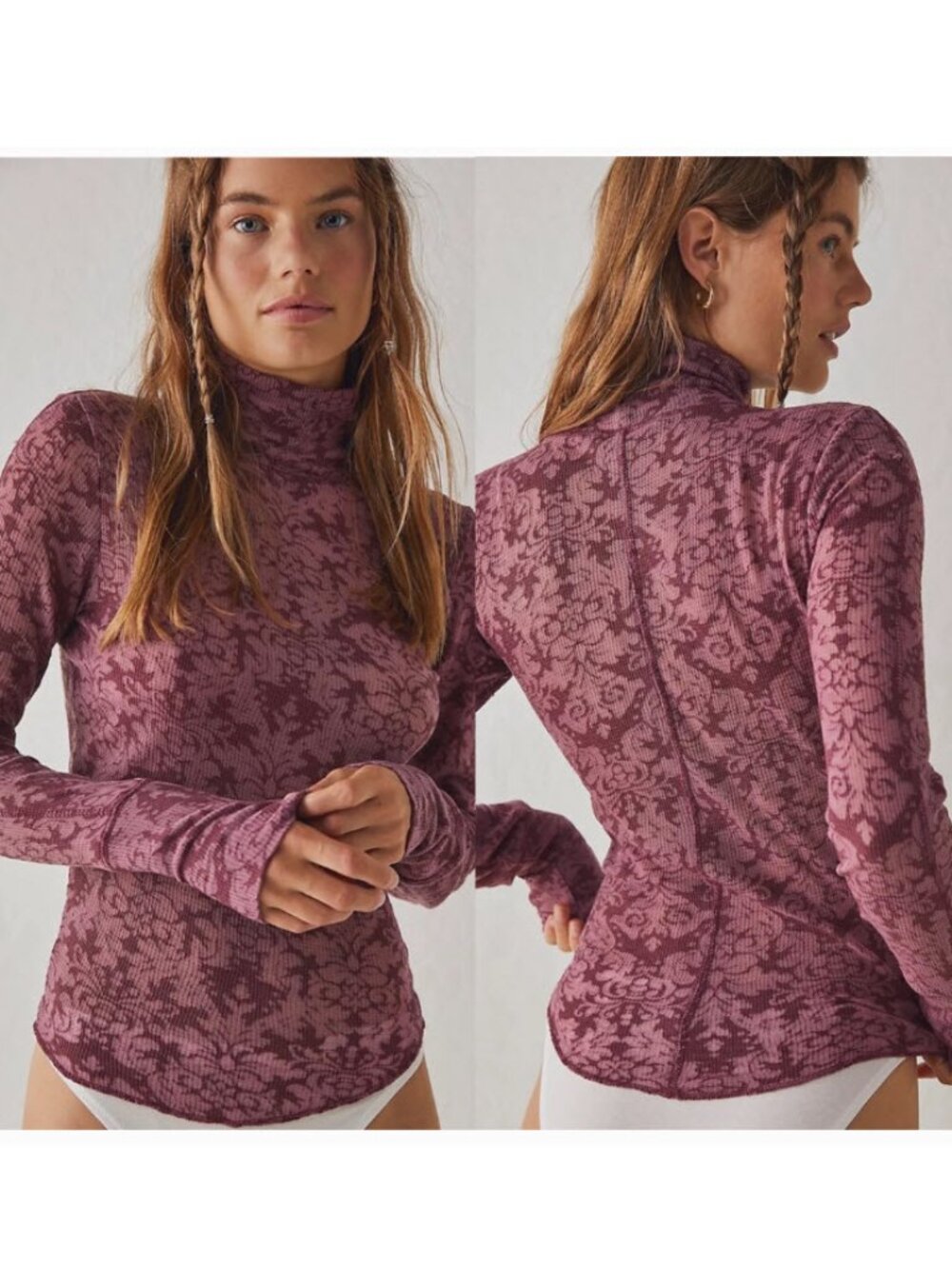 Free People You & I Turtleneck Thermal Top Plum Purple Size M Y2K Lounge Wear